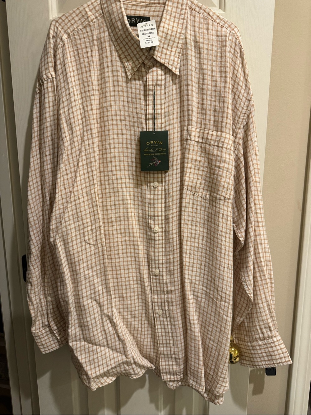 Orvis Tan and White Plaid Long-Sleeve Button-Down Shirt